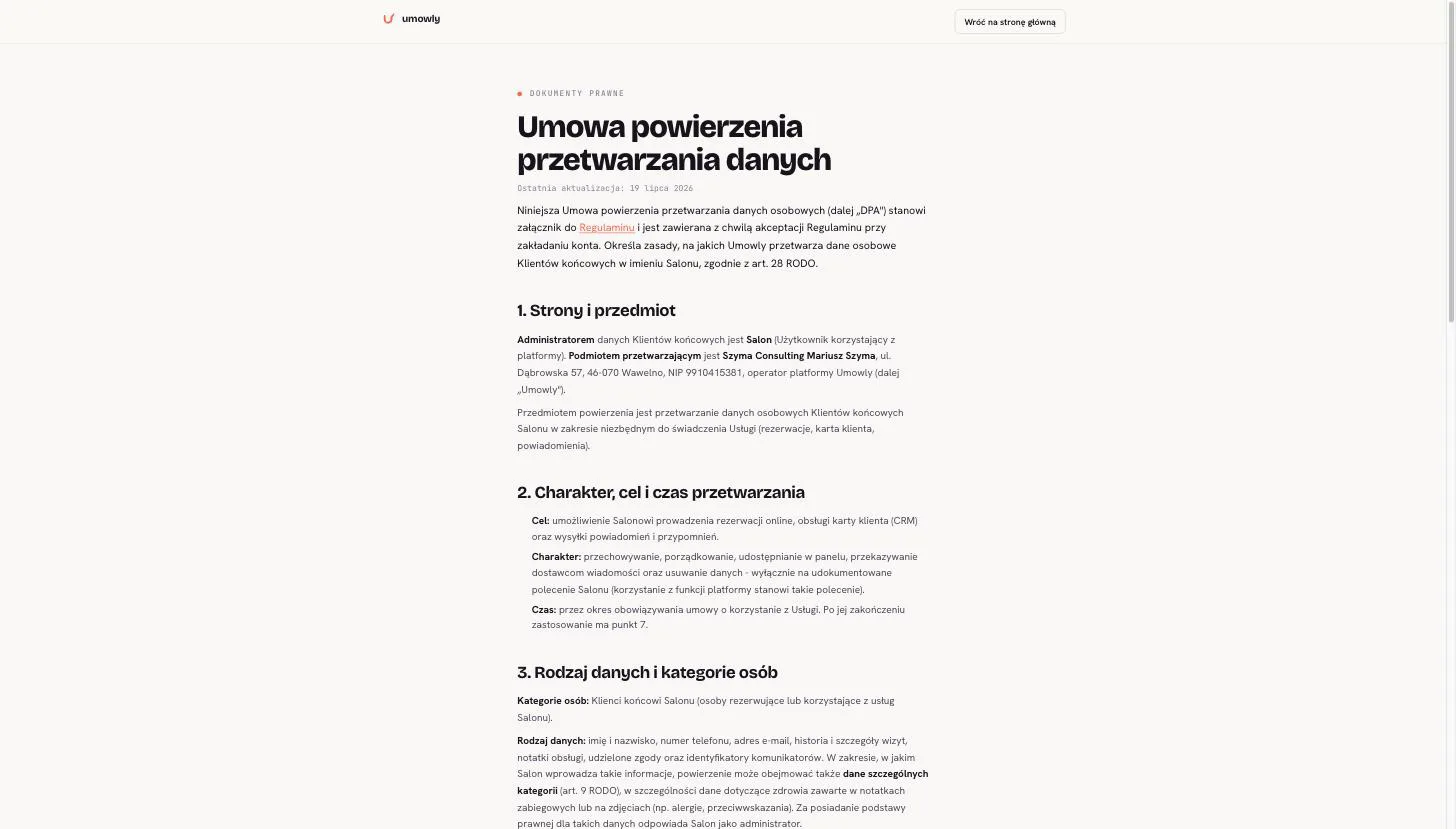 Strona Umowa powierzenia przetwarzania danych: strony i przedmiot umowy, cel, charakter i czas przetwarzania oraz rodzaje danych i kategorie osób