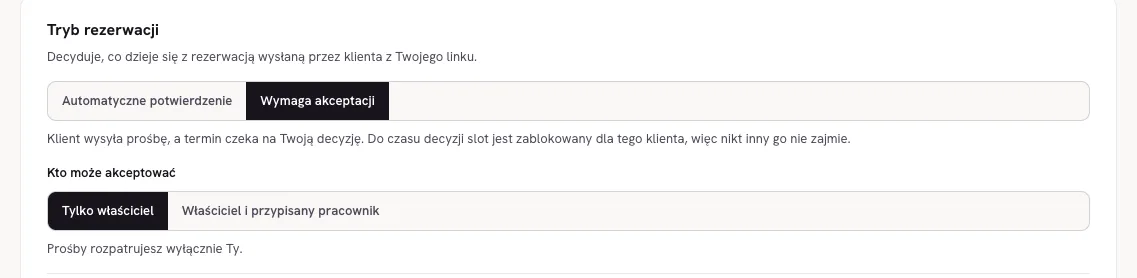 Ustawienia, Tryb rezerwacji: przełącznik Automatyczne potwierdzenie / Wymaga akceptacji oraz opcja Kto może akceptować